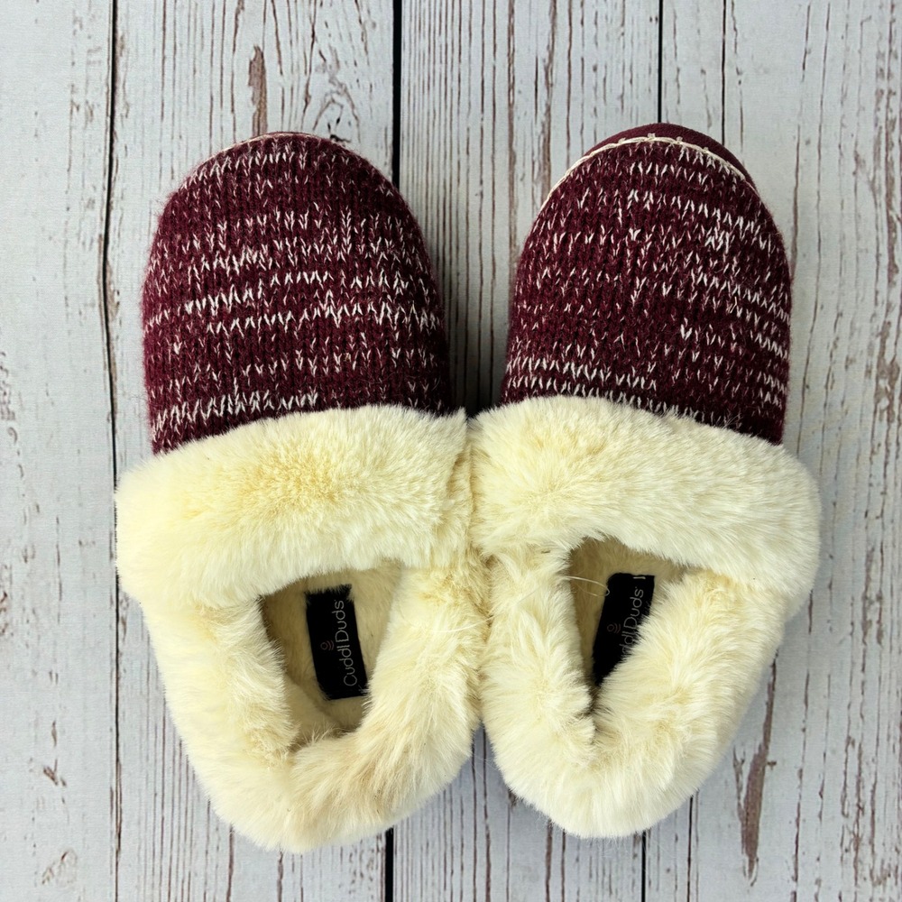 Cuddl Duds Womens Knit Faux Fur Lined Scuff Slippers Burgundy White Size M 7-8